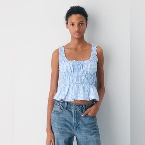 Aritzia Sunday Best Helena Poplin Ruffled Cotton Poplin Tank Top Blue Plaid NWT